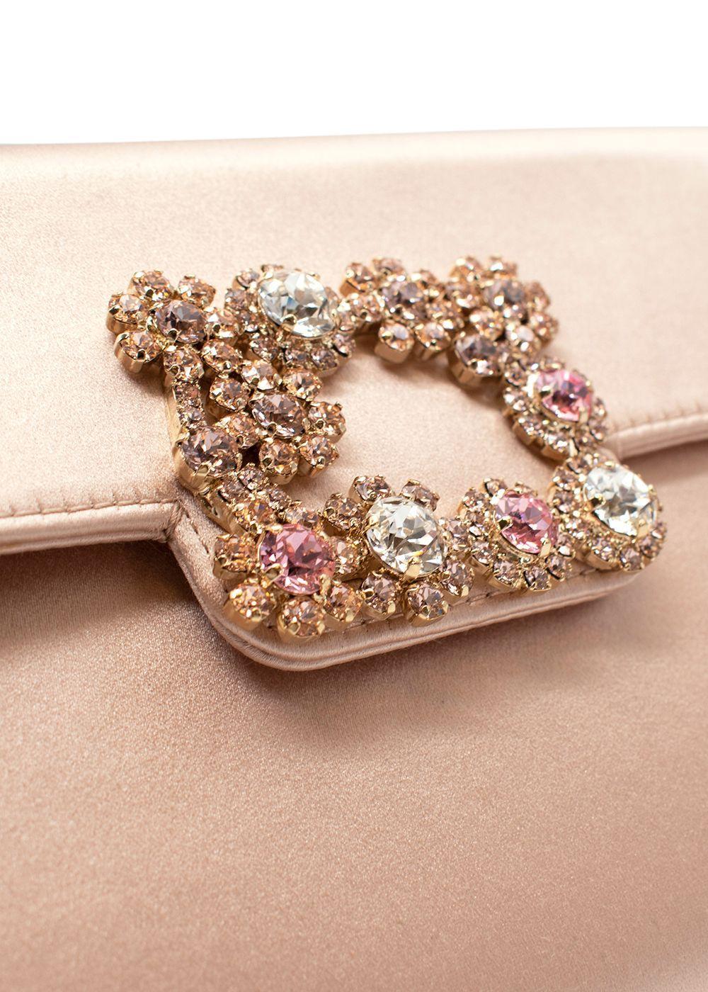 Roger Vivier Nude-Pink Satin Flower Strass Chain Clutch For Sale 2