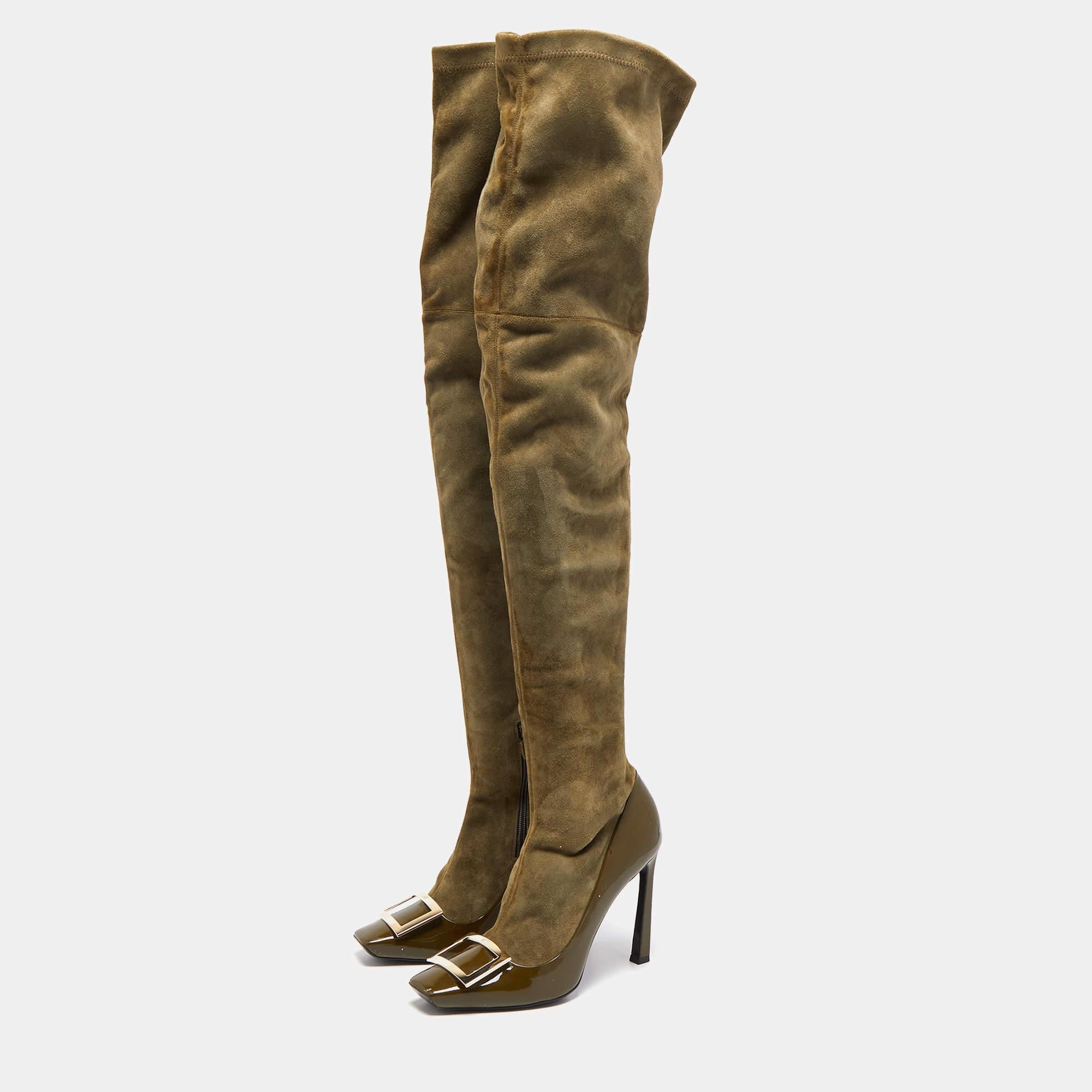 Roger Vivier Olive Green Patent Leather Suede Over The Knee Length Boots Size 40 In Good Condition In Dubai, Al Qouz 2