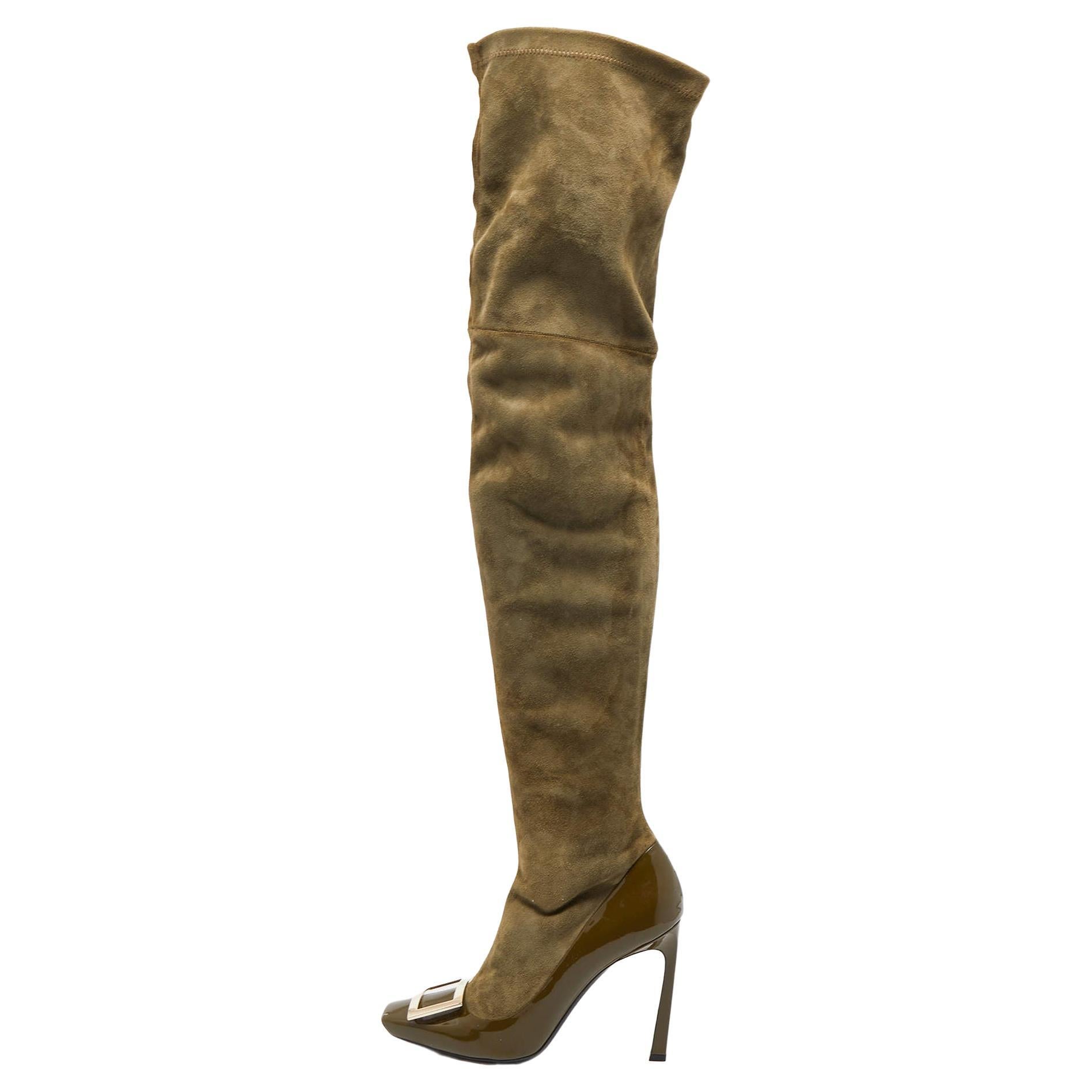Roger Vivier Olive Green Patent Leather Suede Over The Knee Length Boots Size 40
