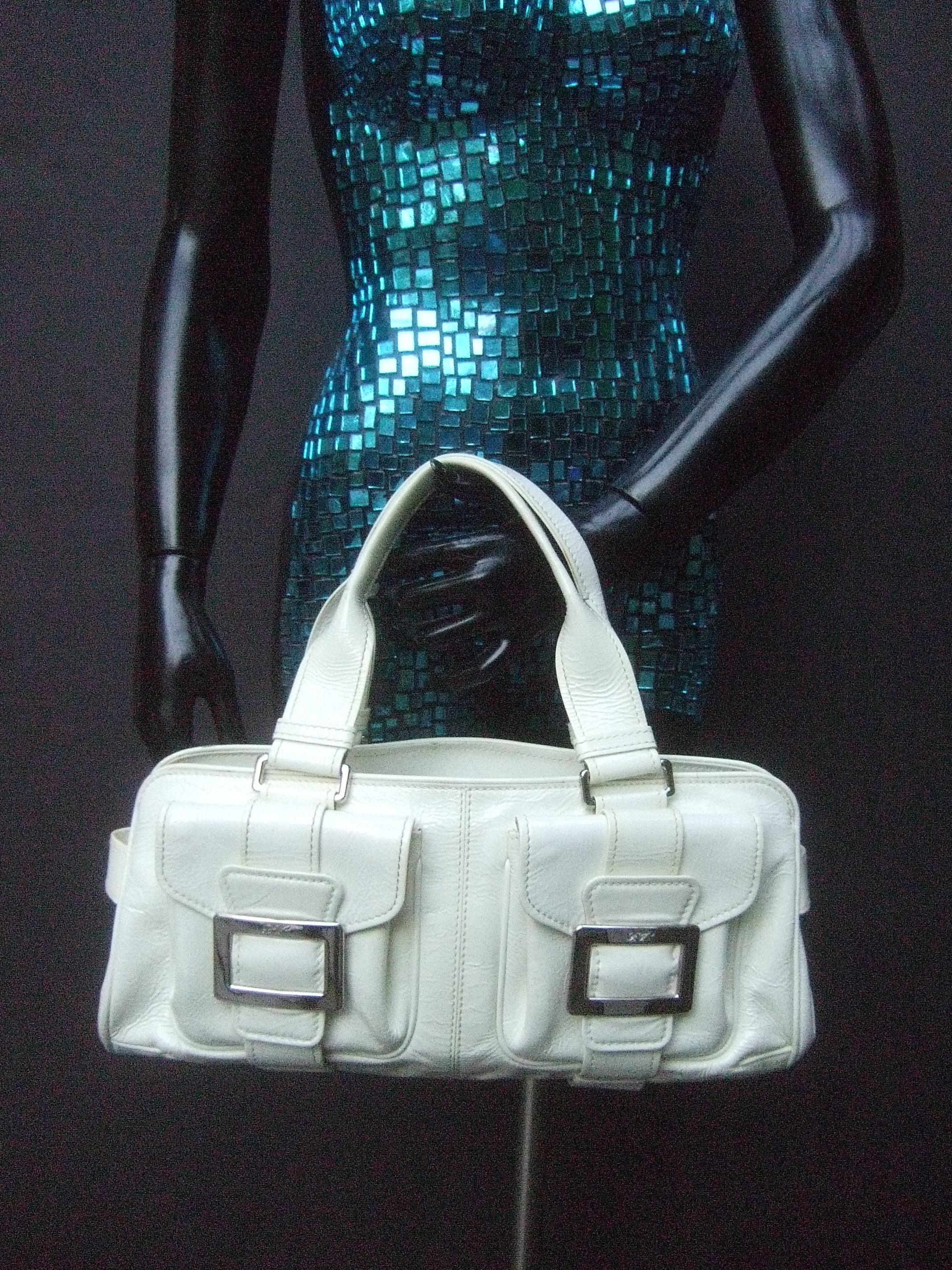 white patent handbag