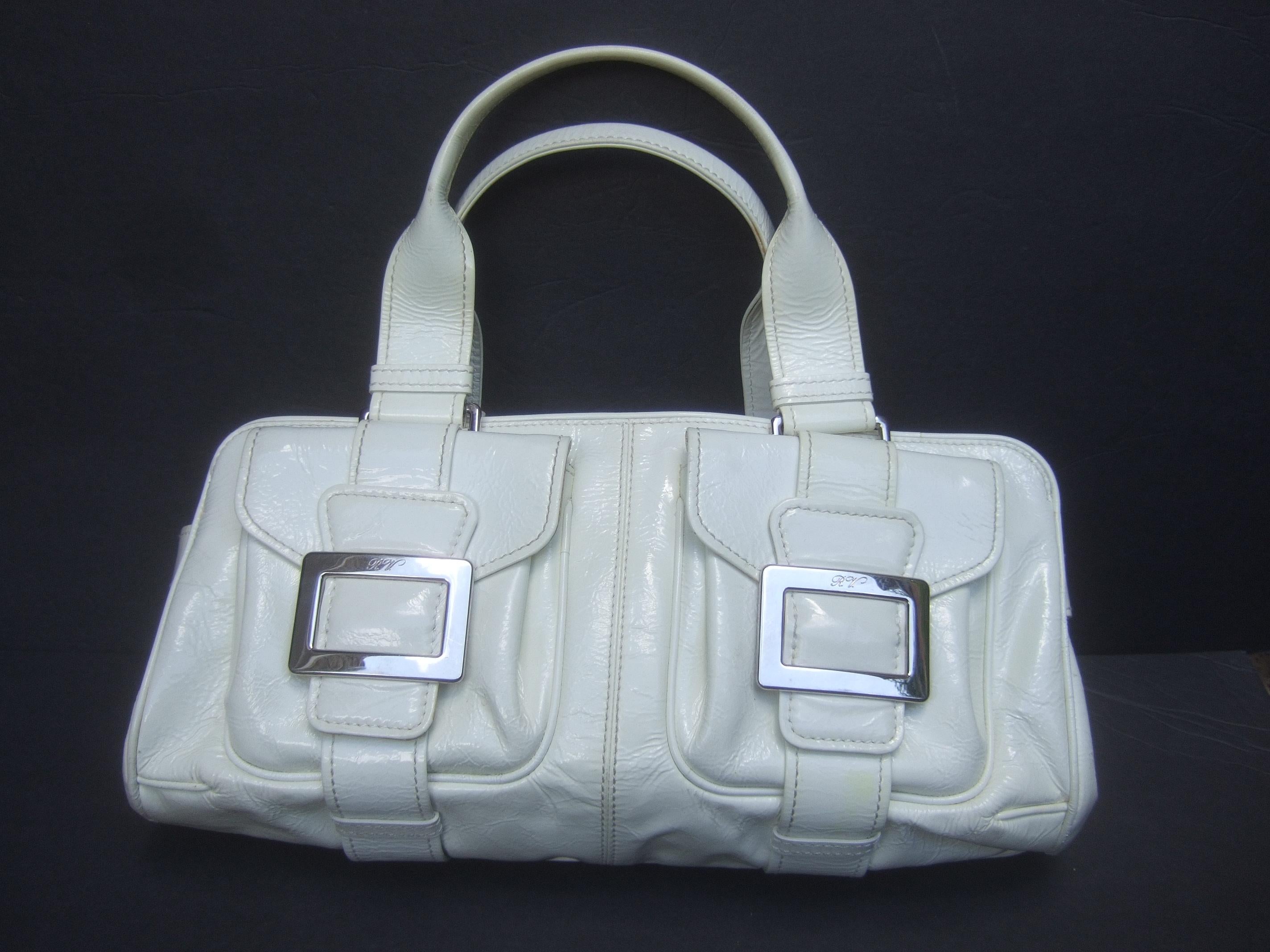 Roger Vivier Paris White Patent Leather Chrome Buckle Italian Handbag c 1990s In Fair Condition For Sale In University City, MO