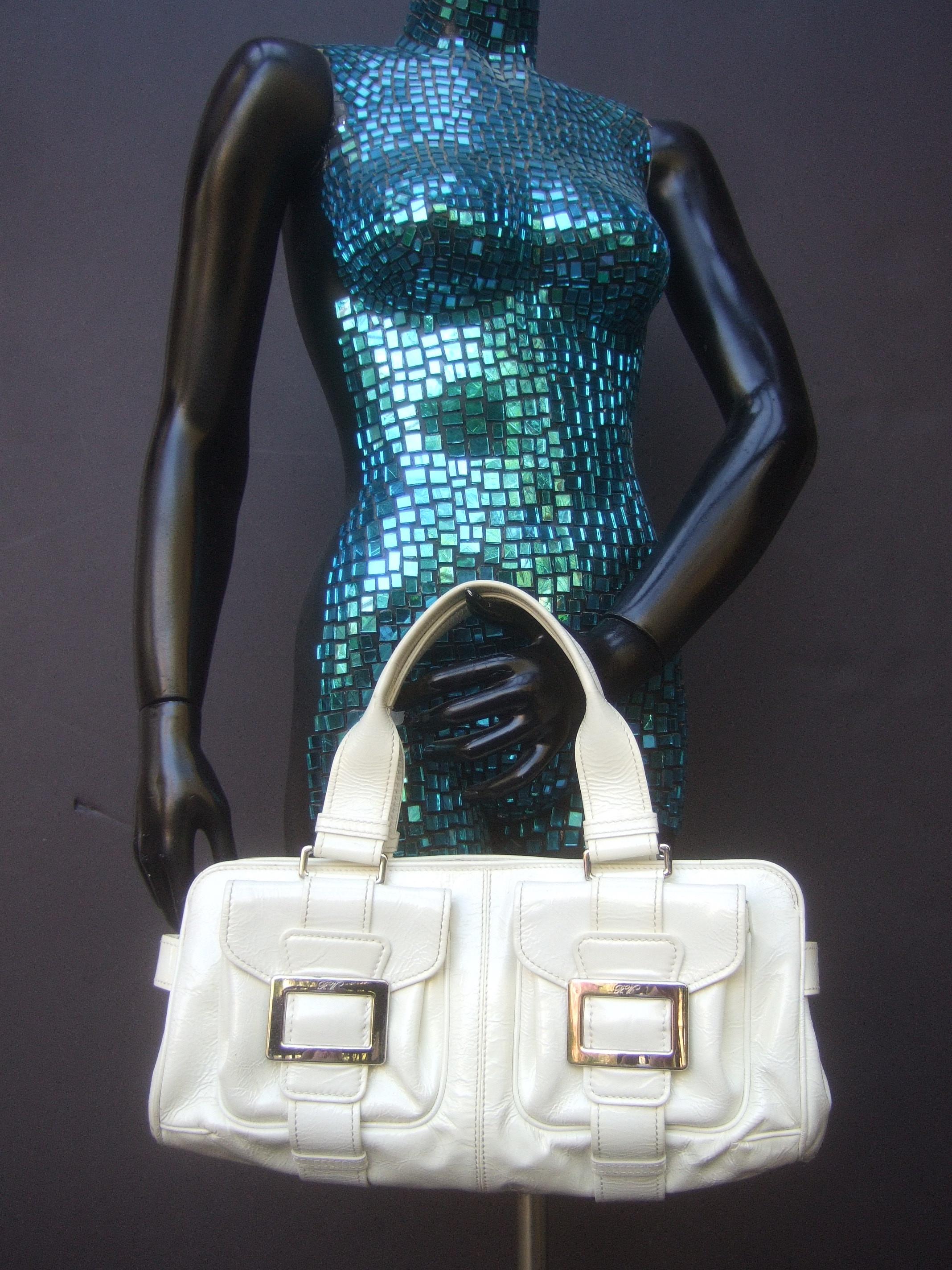 Women's Roger Vivier Paris White Patent Leather Chrome Buckle Italian Handbag c 1990s For Sale