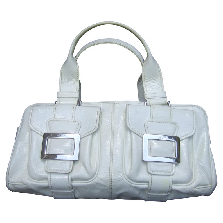 Roger Vivier Paris White Patent Leather Chrome Buckle Italian Handbag c ...