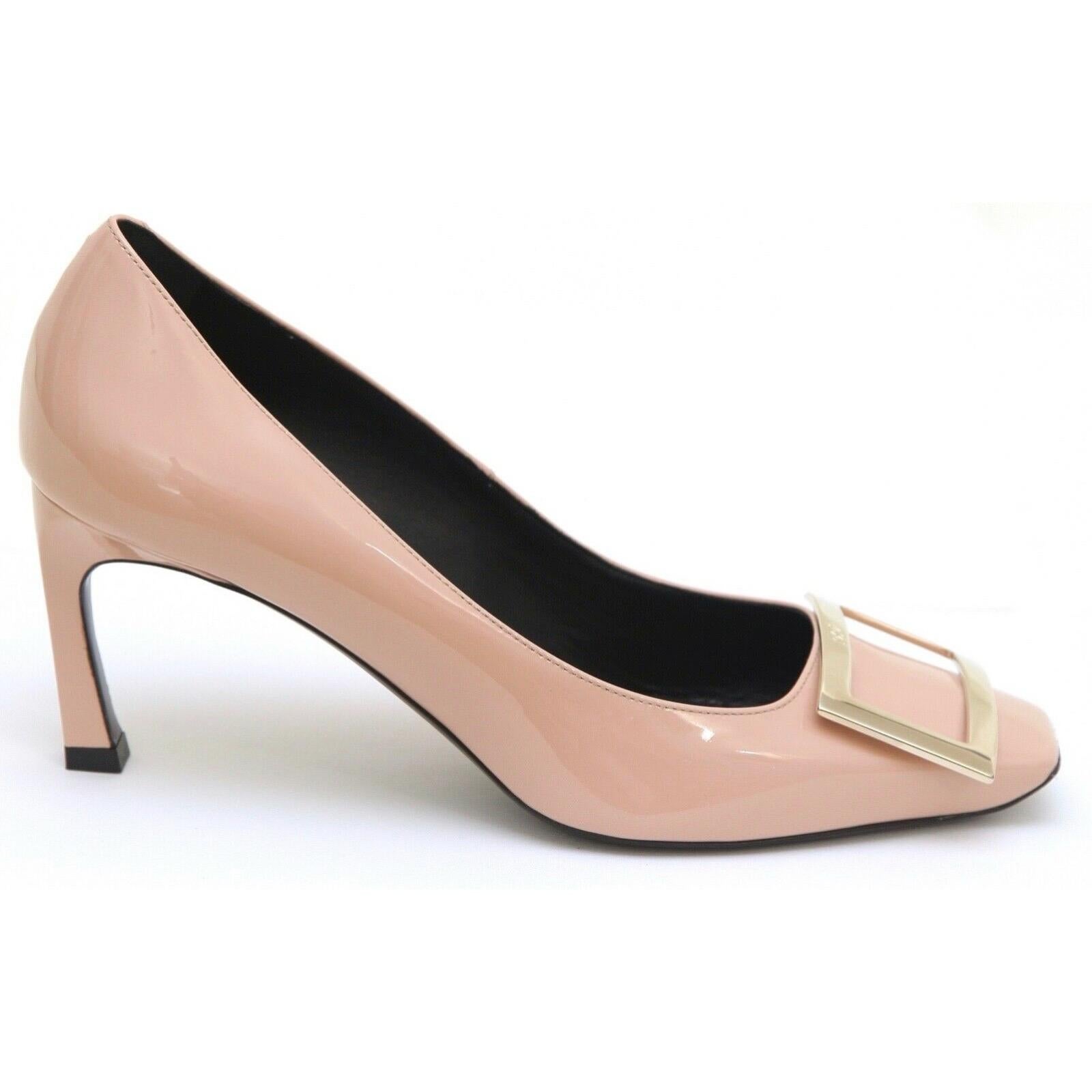 GUARANTEED AUTHENTIC ROGER VIVIER BELLE VIVIER TROMPETTE LEATHER PUMPS

Retails excluding sales taxes $775

Design:
- Nude blush patent leather upper.
- Gold-tone pilgrim buckle over vamp.
- Square toe.
- Leather insole and sole.
- Comes with