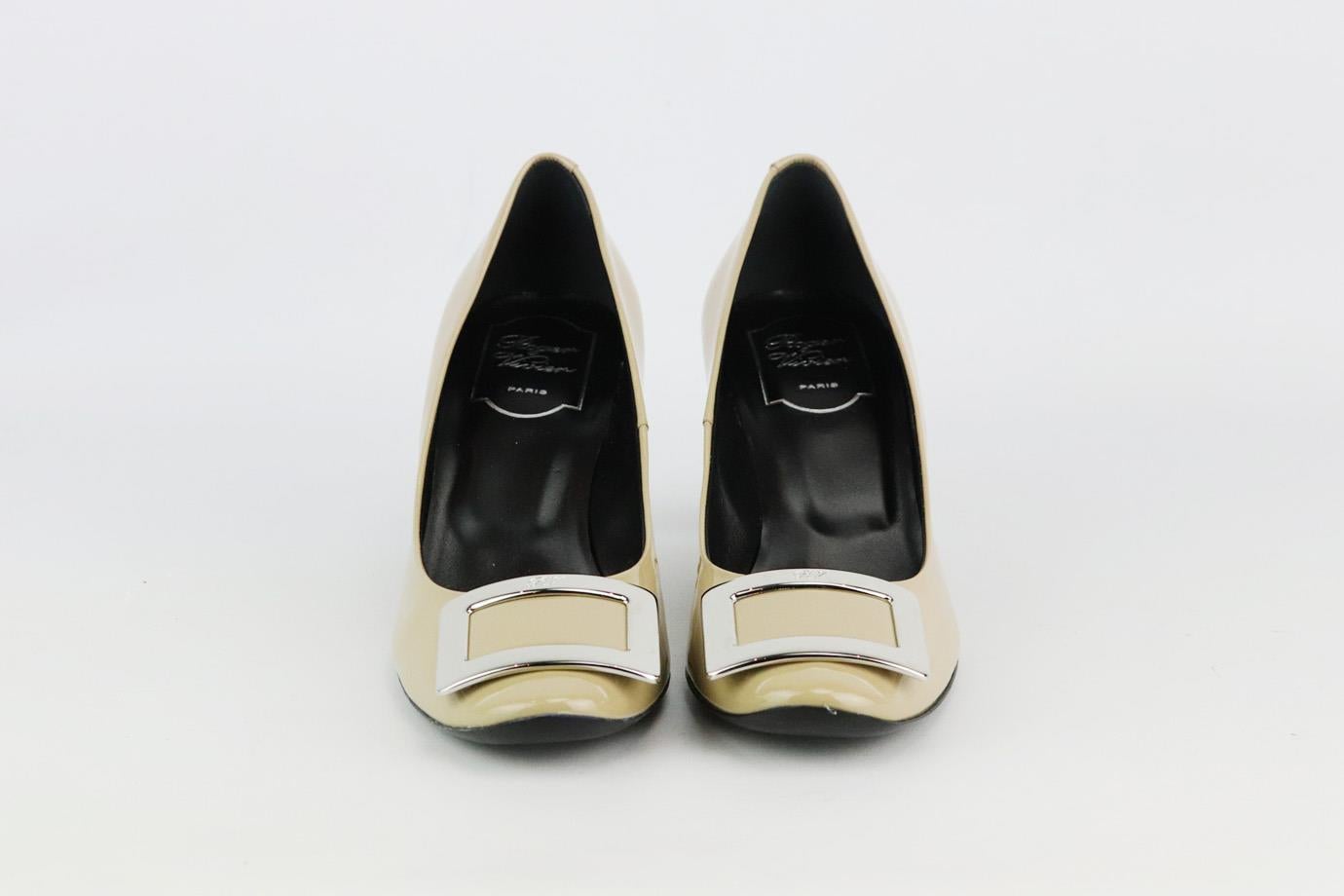 These pumps by Roger Vivier are an elegant re-creation of the founder's original 1965 design, they're made from beige patent-leather and embellished with a silver-tone signature buckle that tops the rounded toe. Heel measures approximately 50 mm/ 2