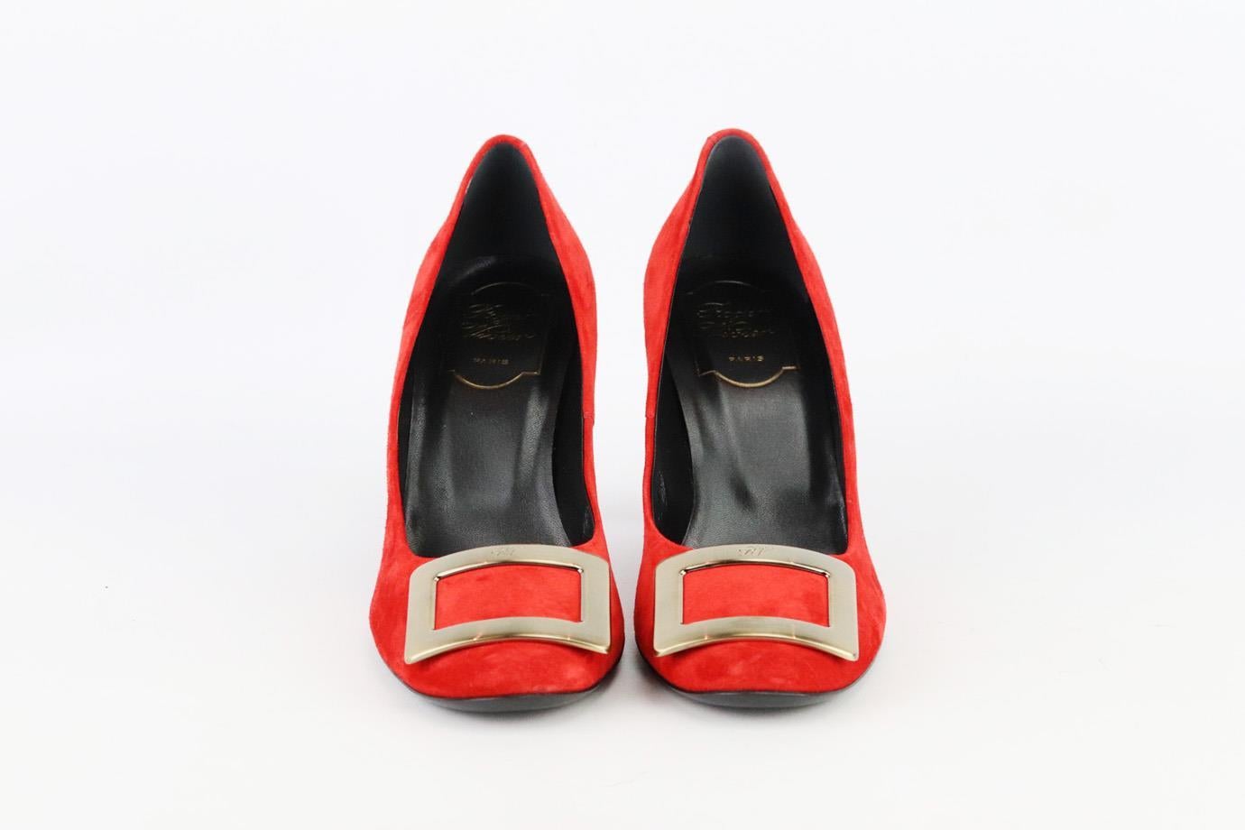 These pumps by Roger Vivier are an elegant re-creation of the founder's original 1965 design, they're made from red patent-leather and embellished with a gold-tone signature buckle that tops the rounded toe. Heel measures approximately 63 mm/ 2.5