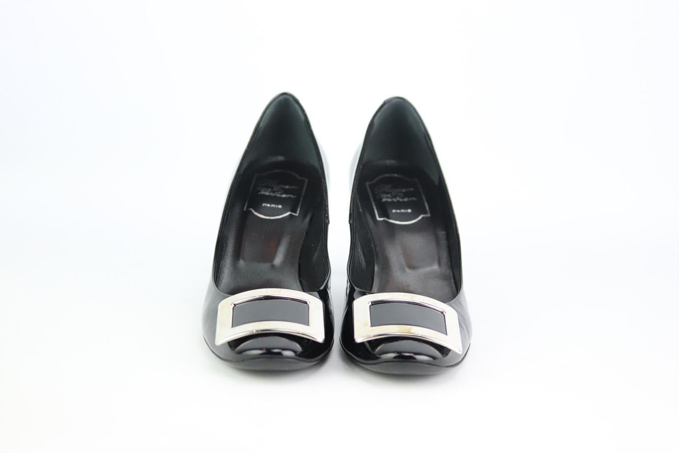 These pumps by Roger Vivier are an elegant re-creation of the founder's original 1965 design, they're made from black patent-leather and embellished with a silver-tone signature buckle that tops the rounded toe. Heel measures approximately 63 mm/