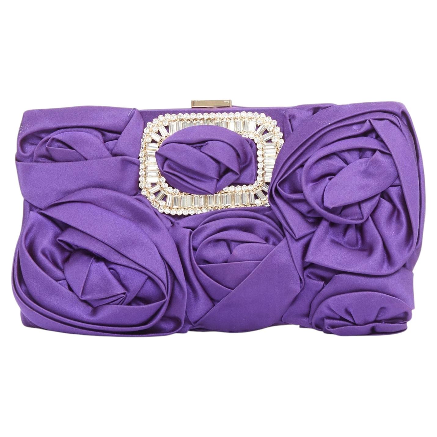 ROGER VIVIER purple satin 3D rose ruffle applique crystal buckle clutch bag For Sale