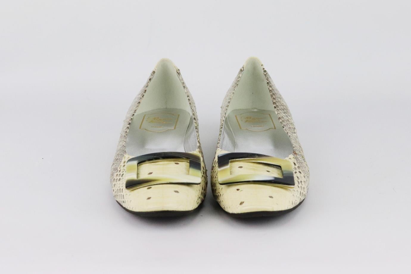 These ballerina flats by Roger Vivier are topped with the brand's signature buckle - a detail that dates back to the '60s, they've been crafted in Italy from textured cream and grey python and have rounded toe. Heel measures approximately 12.7 mm/