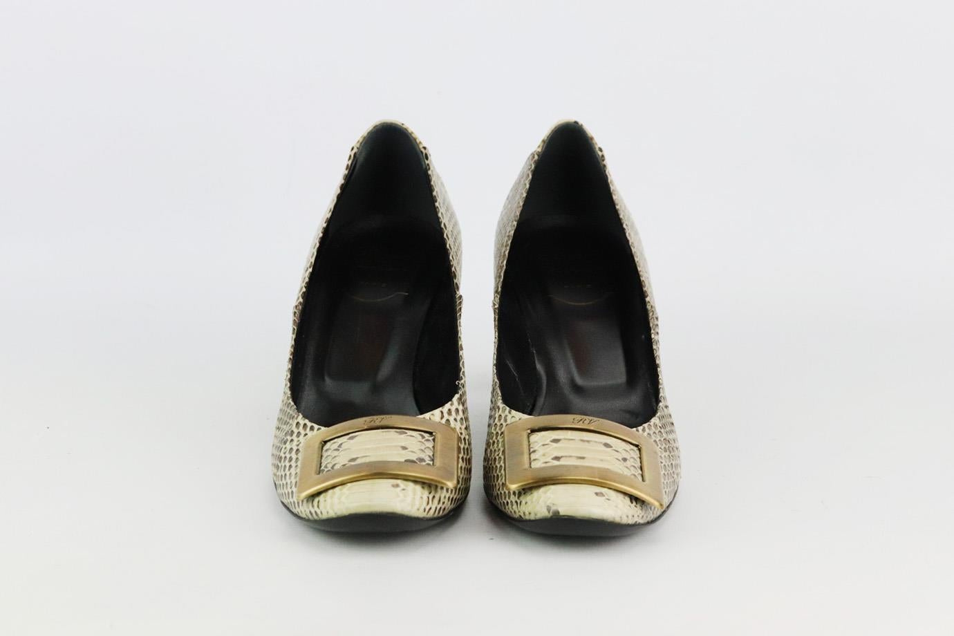 These pumps by Roger Vivier are an elegant re-creation of the founder's original 1965 design, they're made from cream and grey python and embellished with a bronze-tone signature buckle that tops the rounded toe. Heel measures approximately 50 mm/ 2