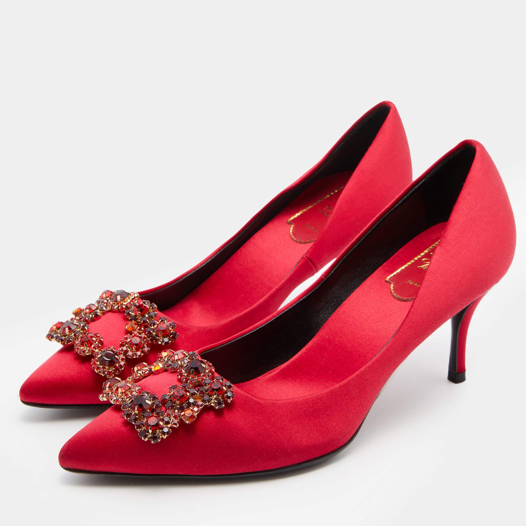 Women's Roger Vivier Red Satin Crystal Embellished Flower Strass Buckle Pumps Size 39