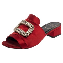 Roger Vivier Red Satin Crystal Embellished Slide Sandals Size 38