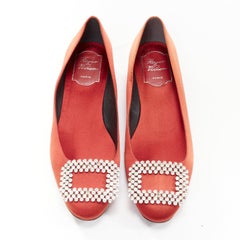 ROGER VIVIER red satin silver strass crystal buckle classic dress flats EU36.5