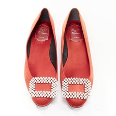 ROGER VIVIER red satin silver strass crystal buckle classic dress flats EU36.5