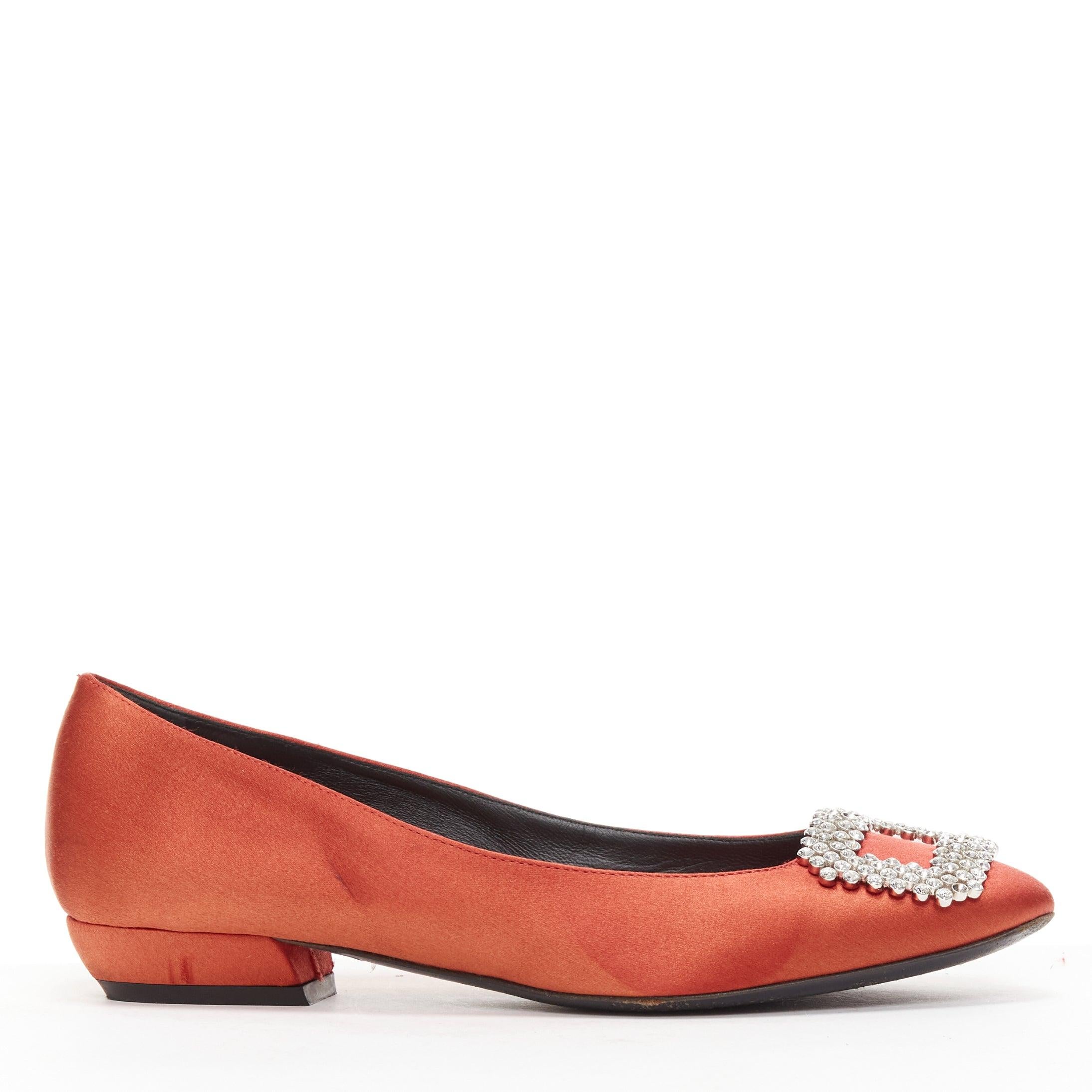 Brown ROGER VIVIER red satin silver strass crystal buckle classic dress flats EU36.5 For Sale