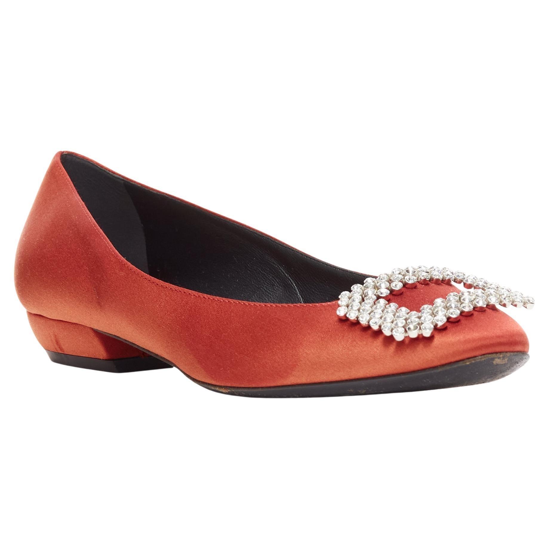 ROGER VIVIER red satin silver strass crystal buckle classic dress flats EU36.5 For Sale