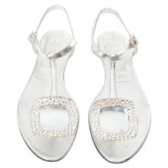 ROGER VIVIER silver crystal buckle metallic leather tstrap sandals EU37