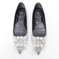 ROGER VIVIER silver glitter crystal buckle pointy toe ballerina flats EU37