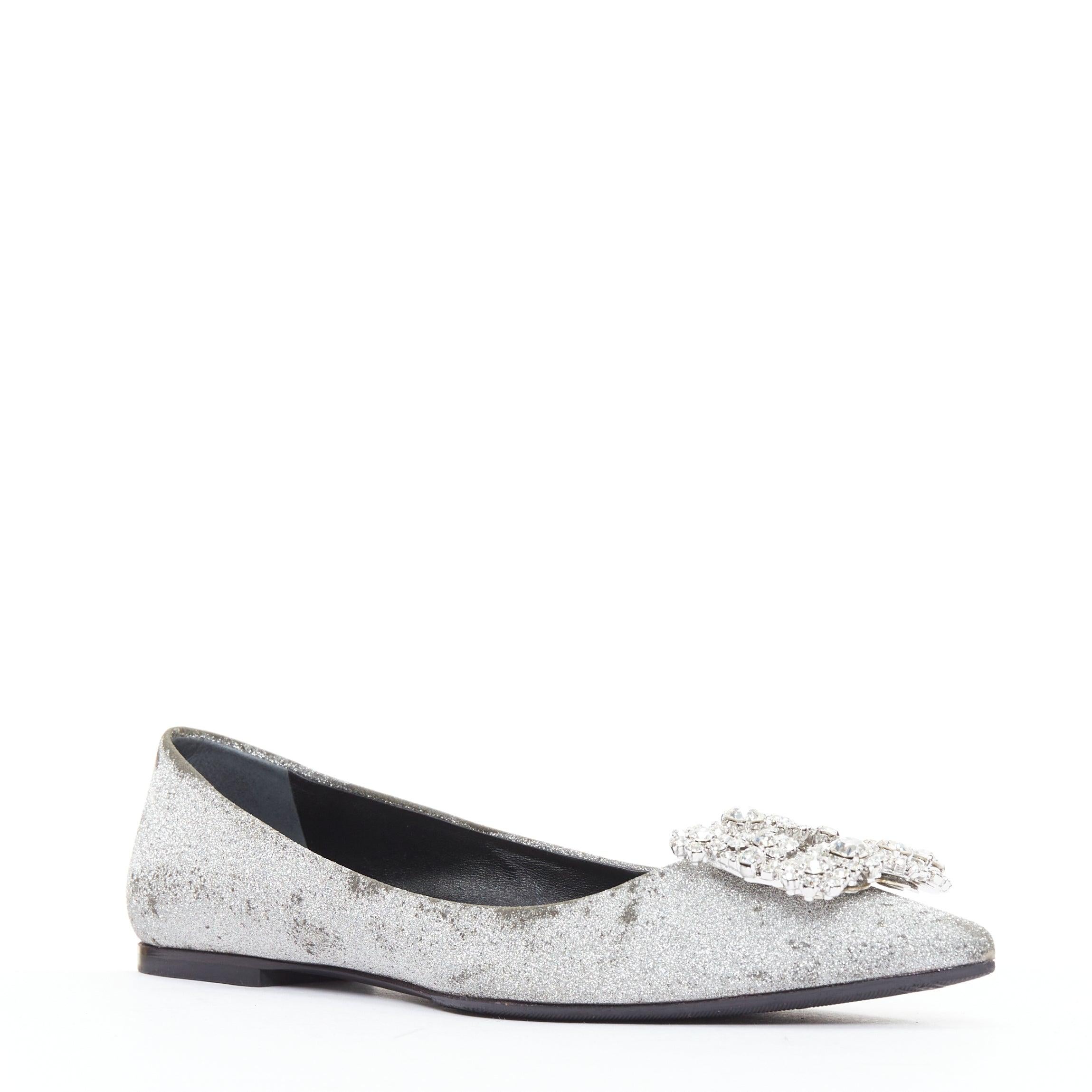 ROGER VIVIER silberne Glitzer-Kristall-Schnalle spitze Zehe Ballerina Wohnungen EU37 (Silber) im Angebot