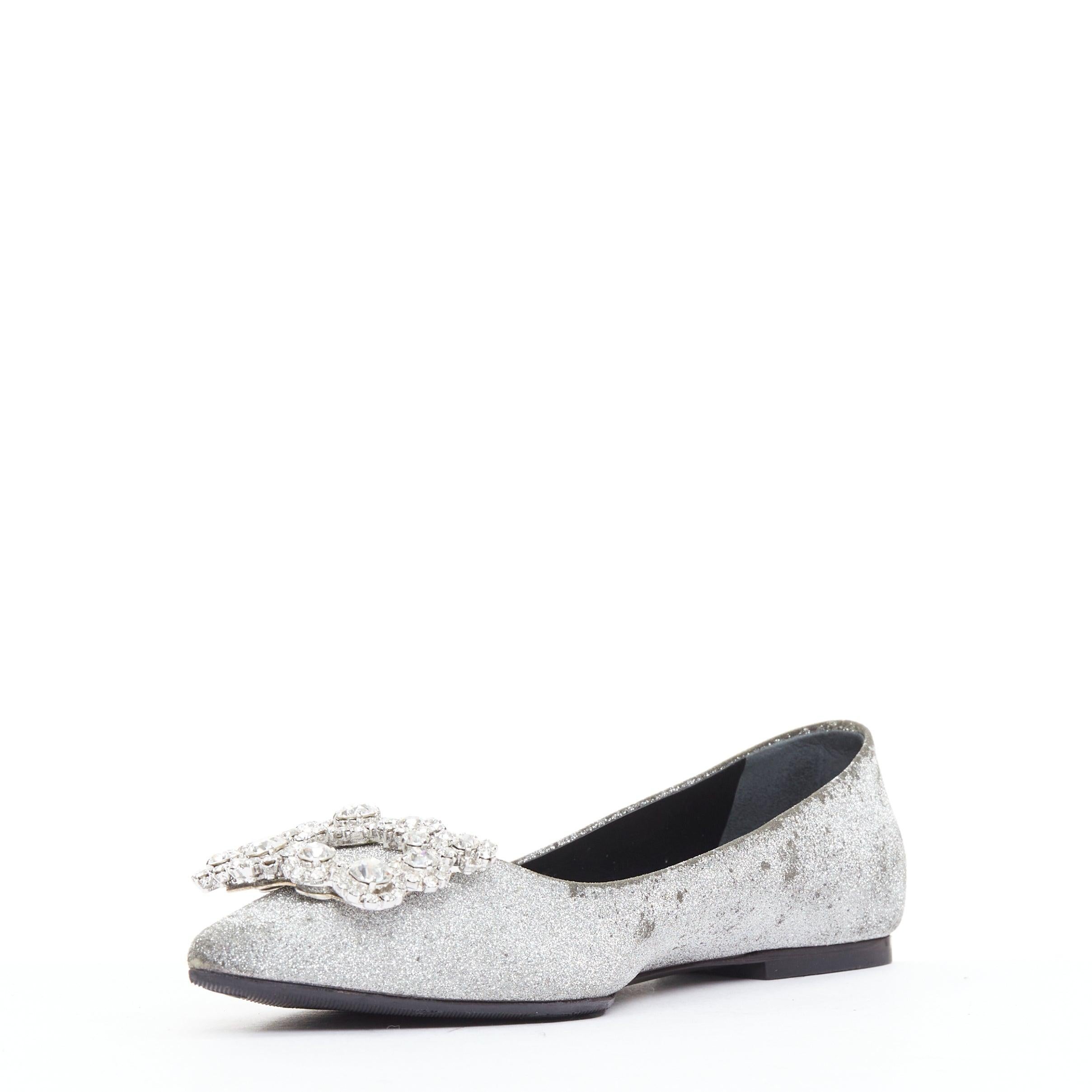 ROGER VIVIER silberne Glitzer-Kristall-Schnalle spitze Zehe Ballerina Wohnungen EU37 im Zustand „Relativ gut“ im Angebot in Hong Kong, NT