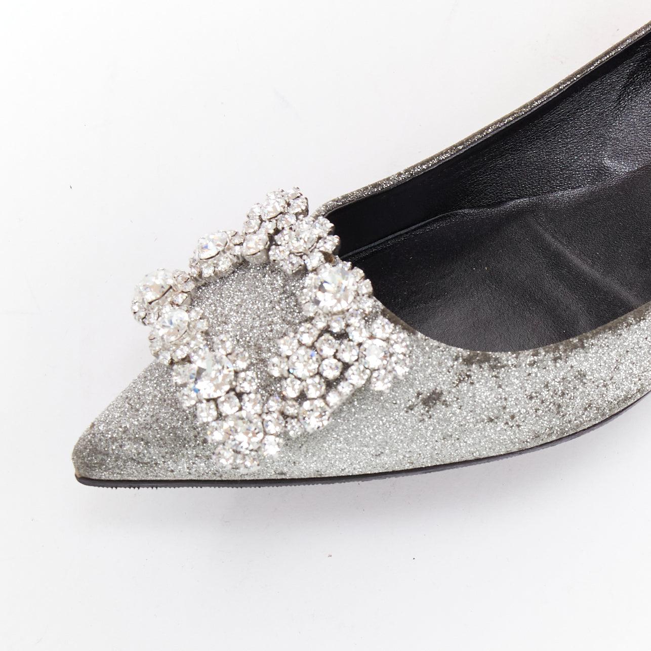 ROGER VIVIER silberne Glitzer-Kristall-Schnalle spitze Zehe Ballerina Wohnungen EU37 im Angebot 2