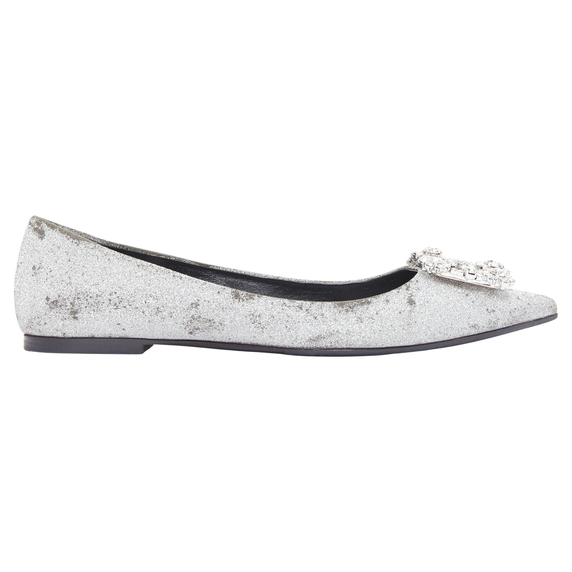 ROGER VIVIER silver glitter crystal buckle pointy toe ballerina flats EU37 For Sale