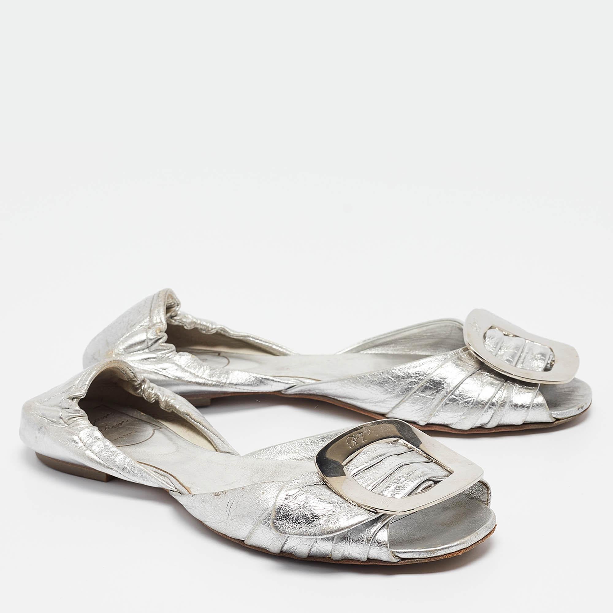 Women's Roger Vivier Silver Leather Open Toe Ballet Flats Size 36 For Sale