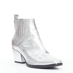 ROGER VIVIER silver texture leather slanted block heel western booties EU37