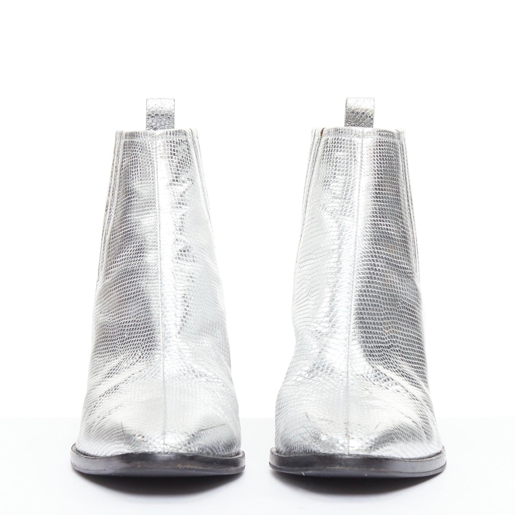 Argent ROGER VIVIER Silver texture cuir talon bloc incliné western booties EU37 en vente