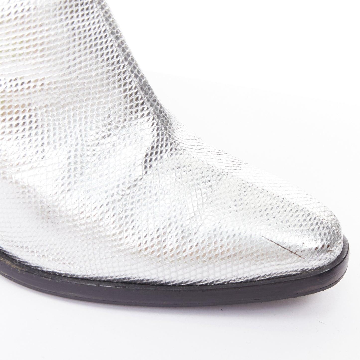 ROGER VIVIER Silver texture cuir talon bloc incliné western booties EU37 en vente 2