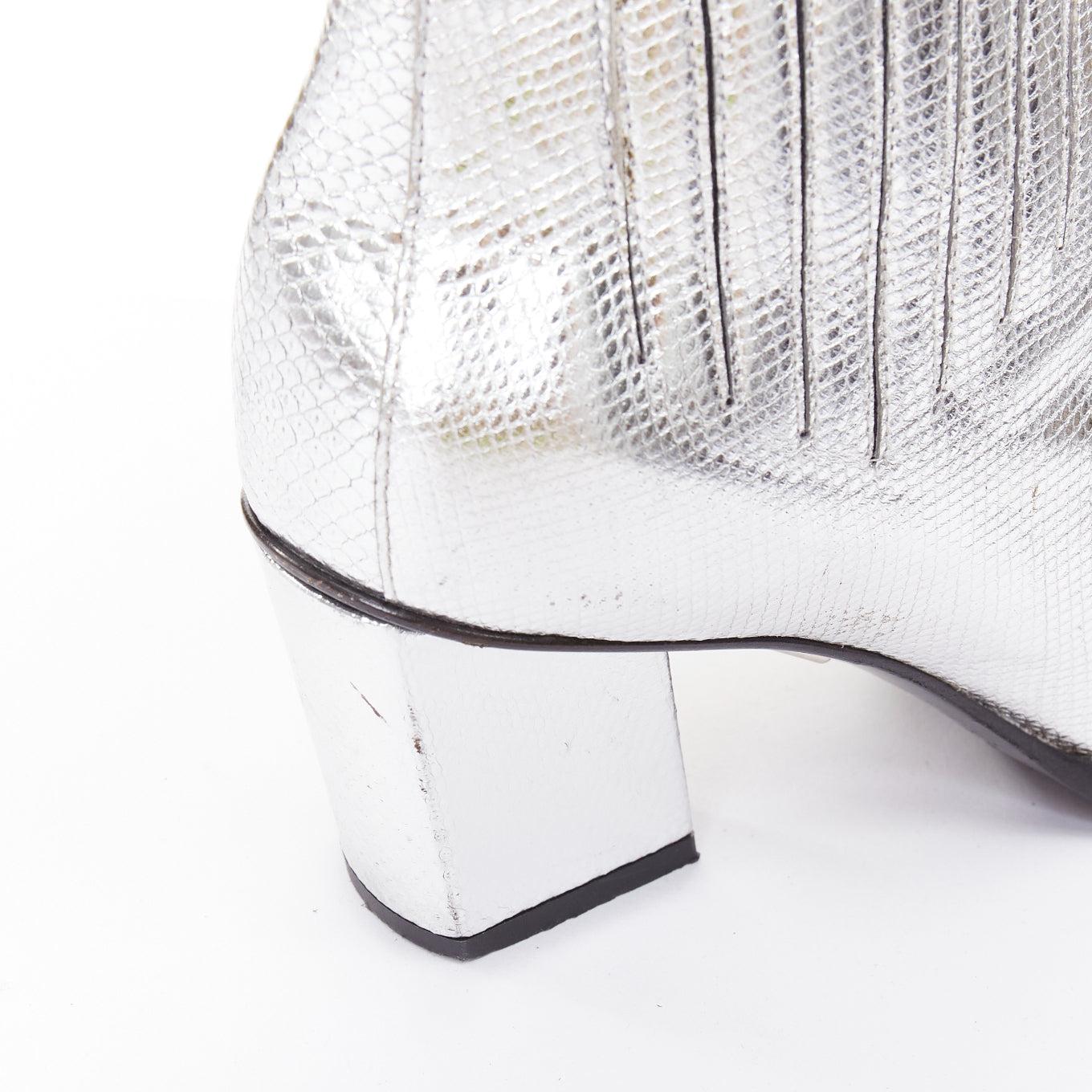 ROGER VIVIER Silver texture cuir talon bloc incliné western booties EU37 en vente 3