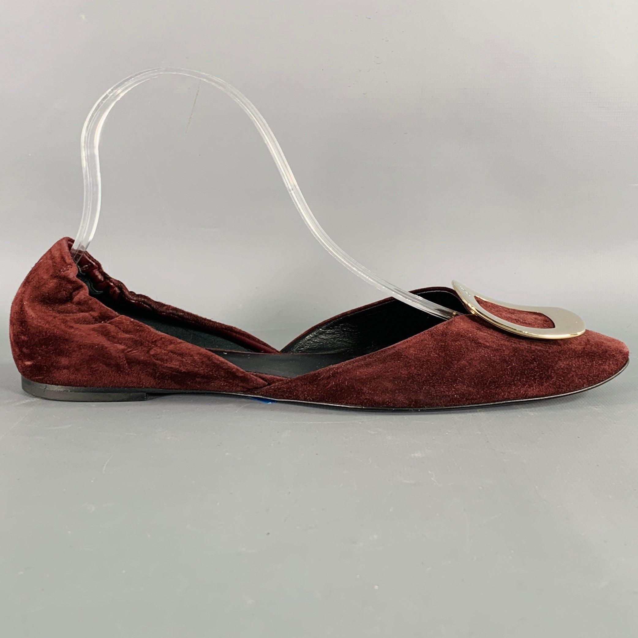 ROGER VIVIER PARIS flats
in a burgundy suede featuring large square silver tone metal buckle with embossed monogram detail, and slip on closure with elastic heel. Made in Italy.Very Good Pre-Owned Condition. 

Marked:   IT 40Outsole: 10.5 inches  x