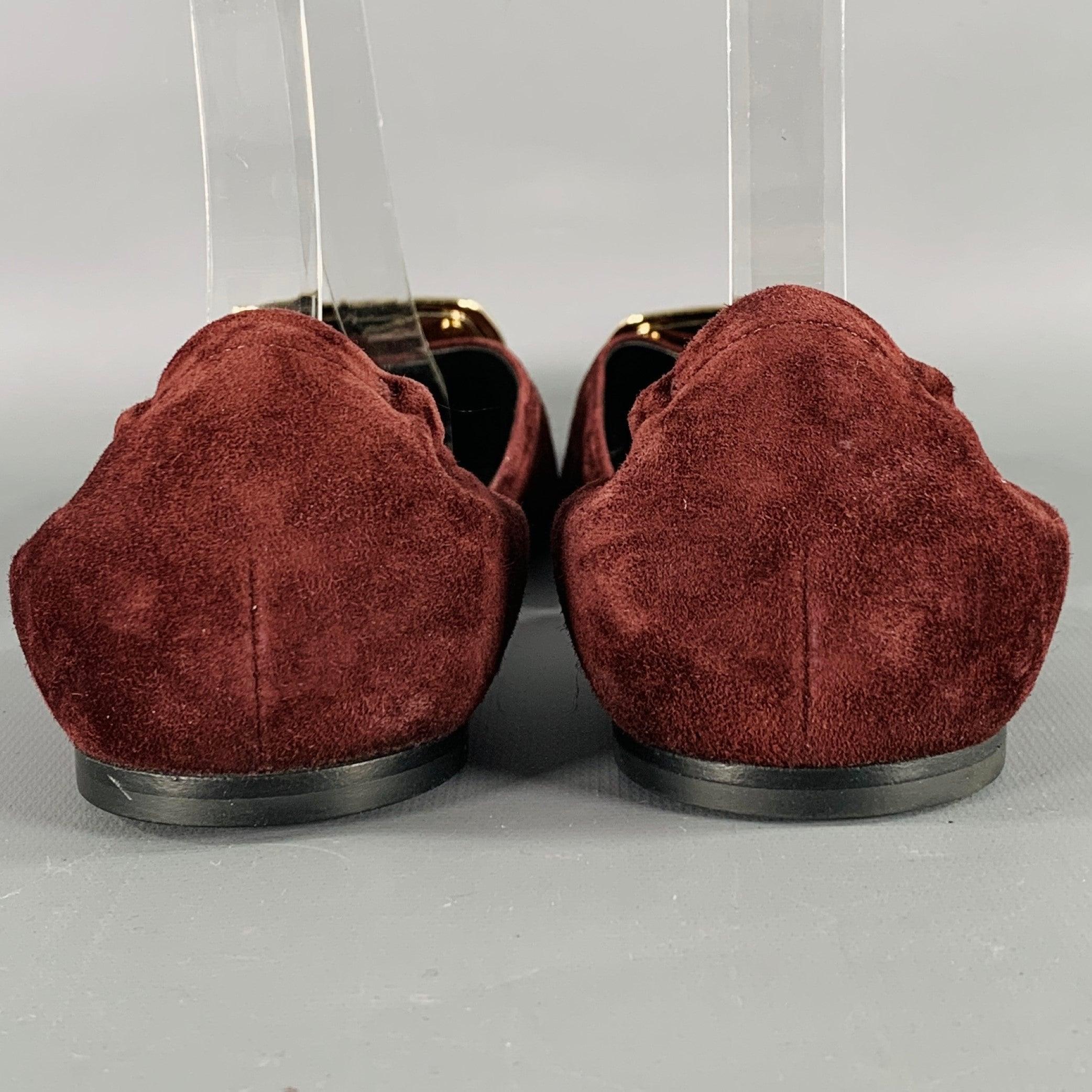 Black ROGER VIVIER Size 10 Burgundy Silver Buckle Suede Flats For Sale