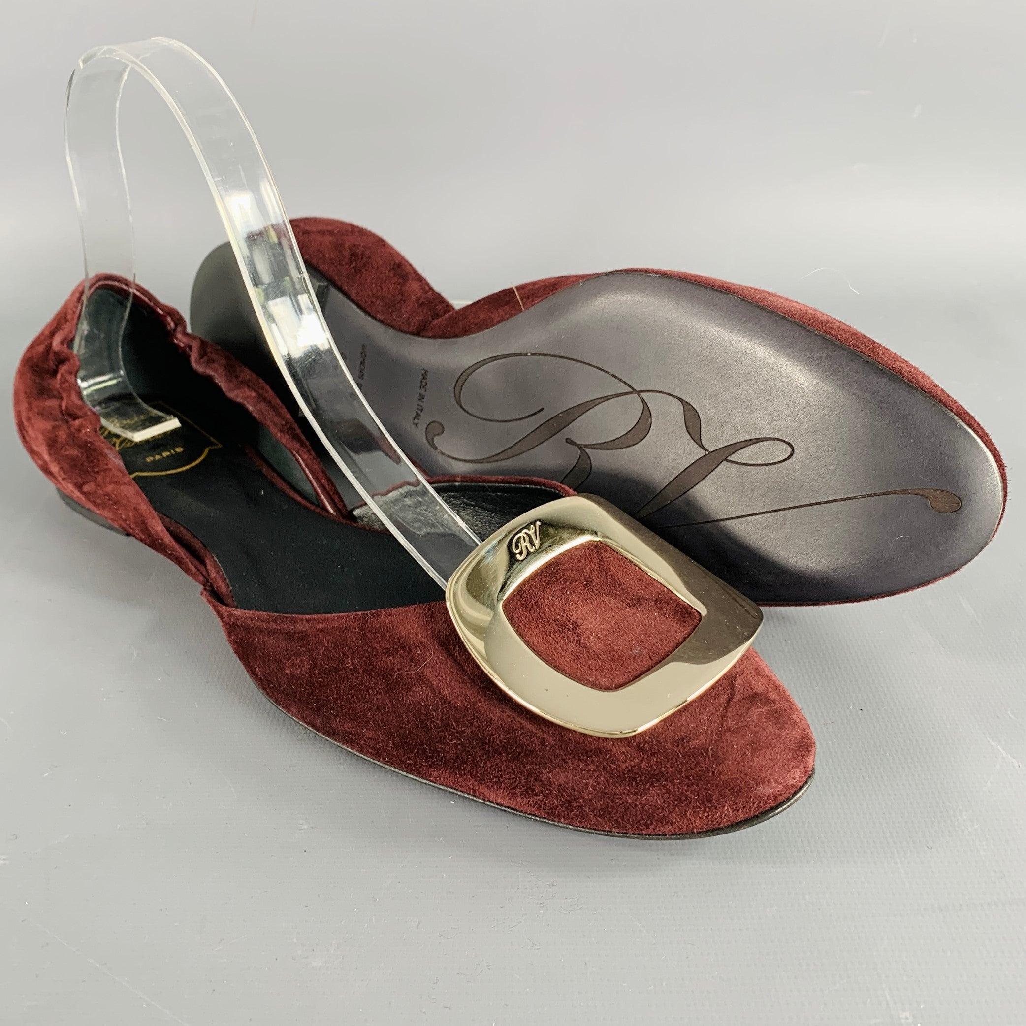 Women's ROGER VIVIER Size 10 Burgundy Silver Buckle Suede Flats For Sale