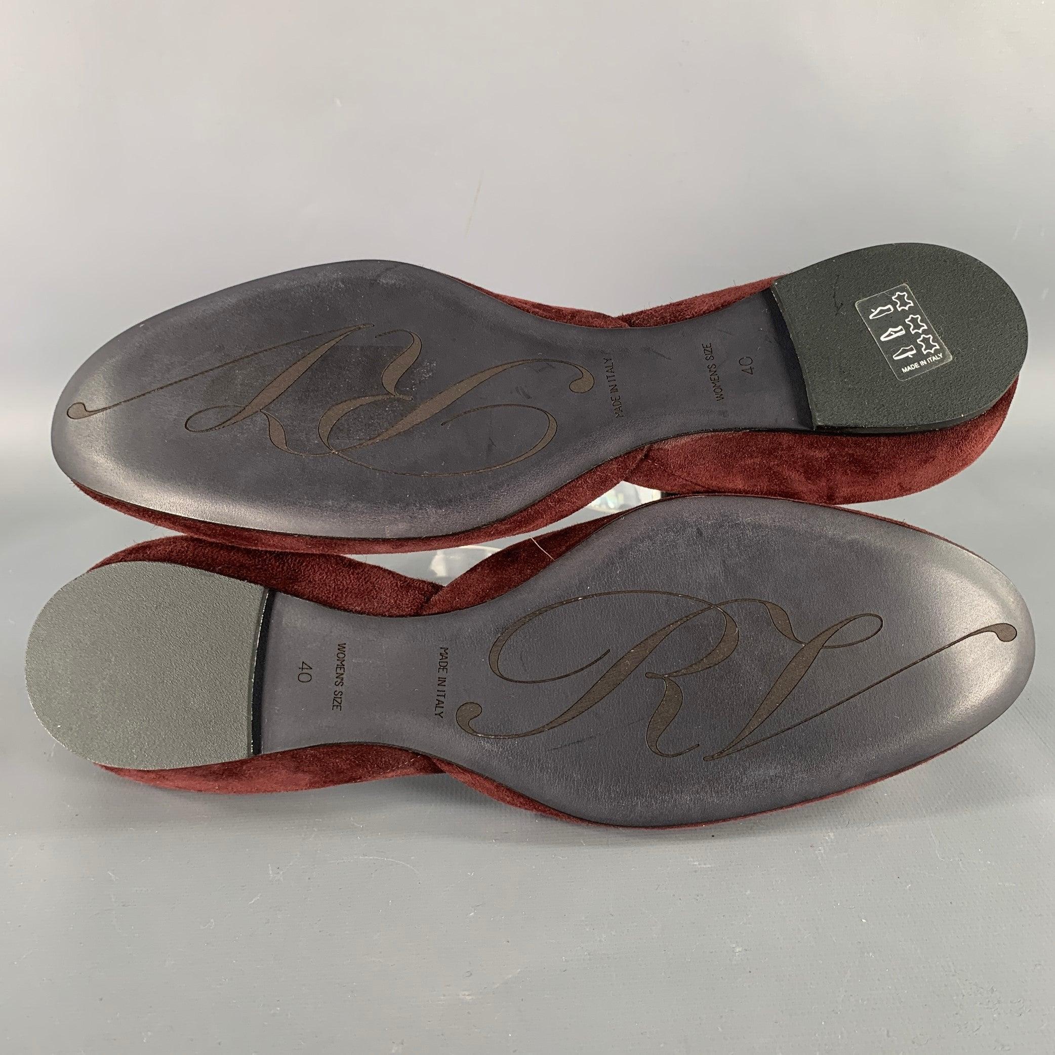 ROGER VIVIER Size 10 Burgundy Silver Buckle Suede Flats For Sale 1