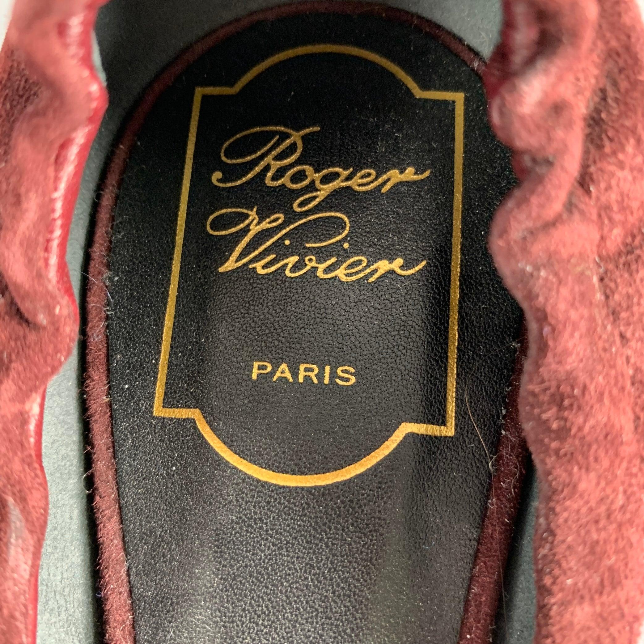 ROGER VIVIER Size 10 Burgundy Silver Buckle Suede Flats For Sale 2