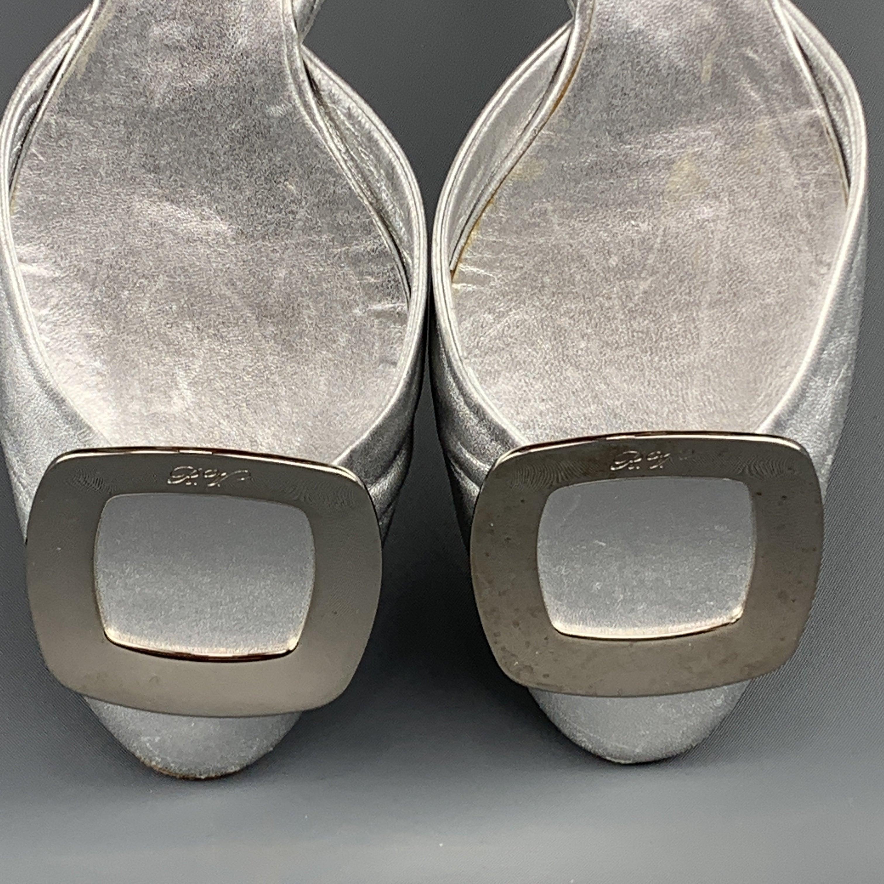 ROGER VIVIER Size 6.5 Silver Leather Chips Buckle Flats For Sale 1