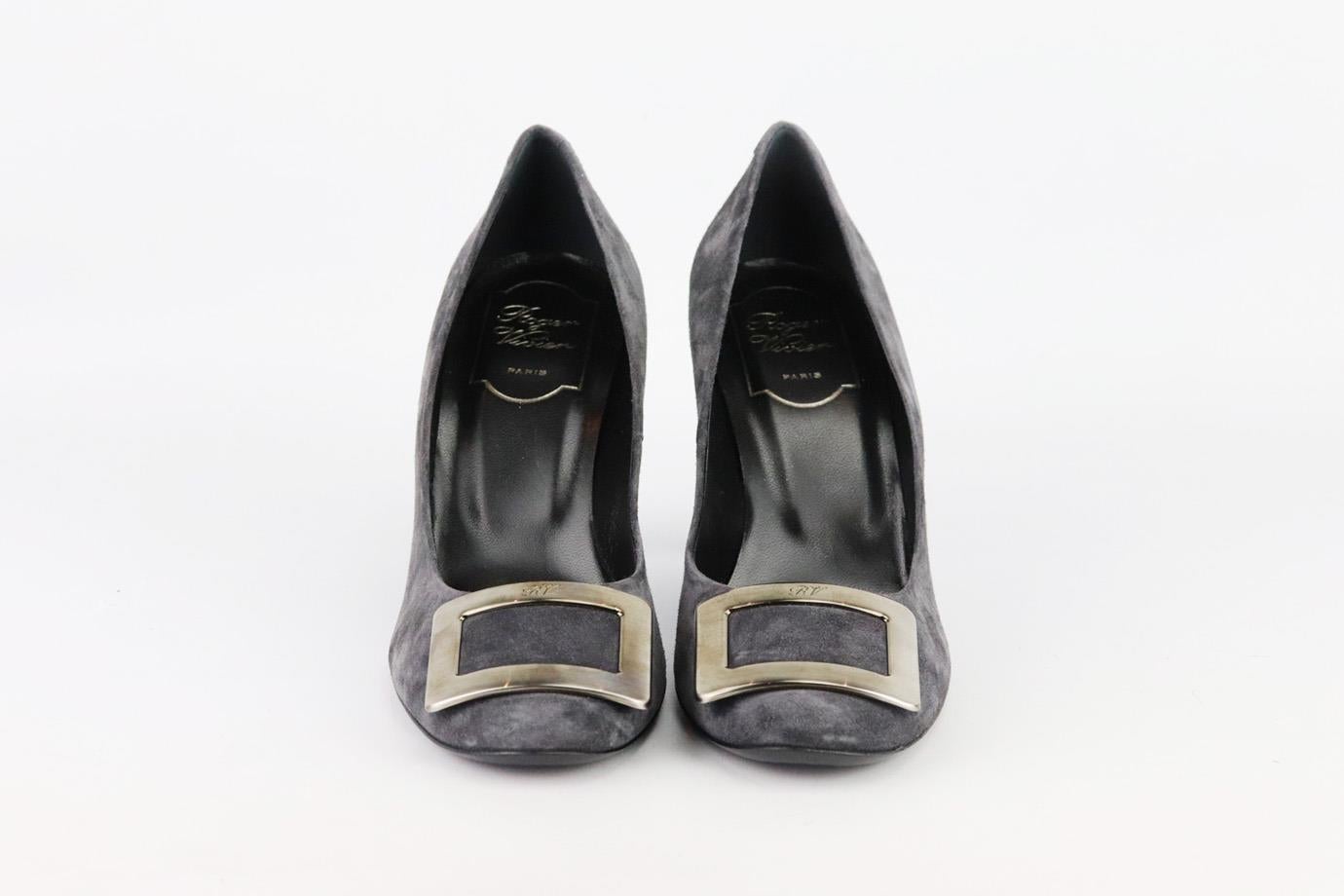 These pumps by Roger Vivier are an elegant re-creation of the founder's original 1965 design, they're made from grey suede and embellished with a silver-tone signature buckle that tops the rounded toe. Heel measures approximately 63 mm/ 2.5 inches.