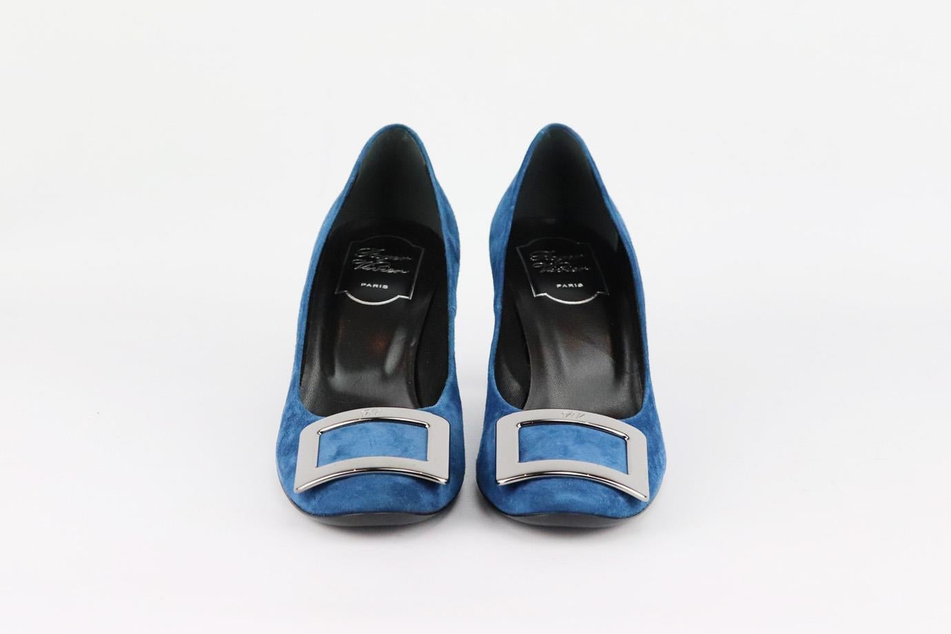 These pumps by Roger Vivier are an elegant re-creation of the founder's original 1965 design, they're made from blue suede and embellished with a silver-tone signature buckle that tops the rounded toe. Heel measures approximately 50 mm/ 2 inches.