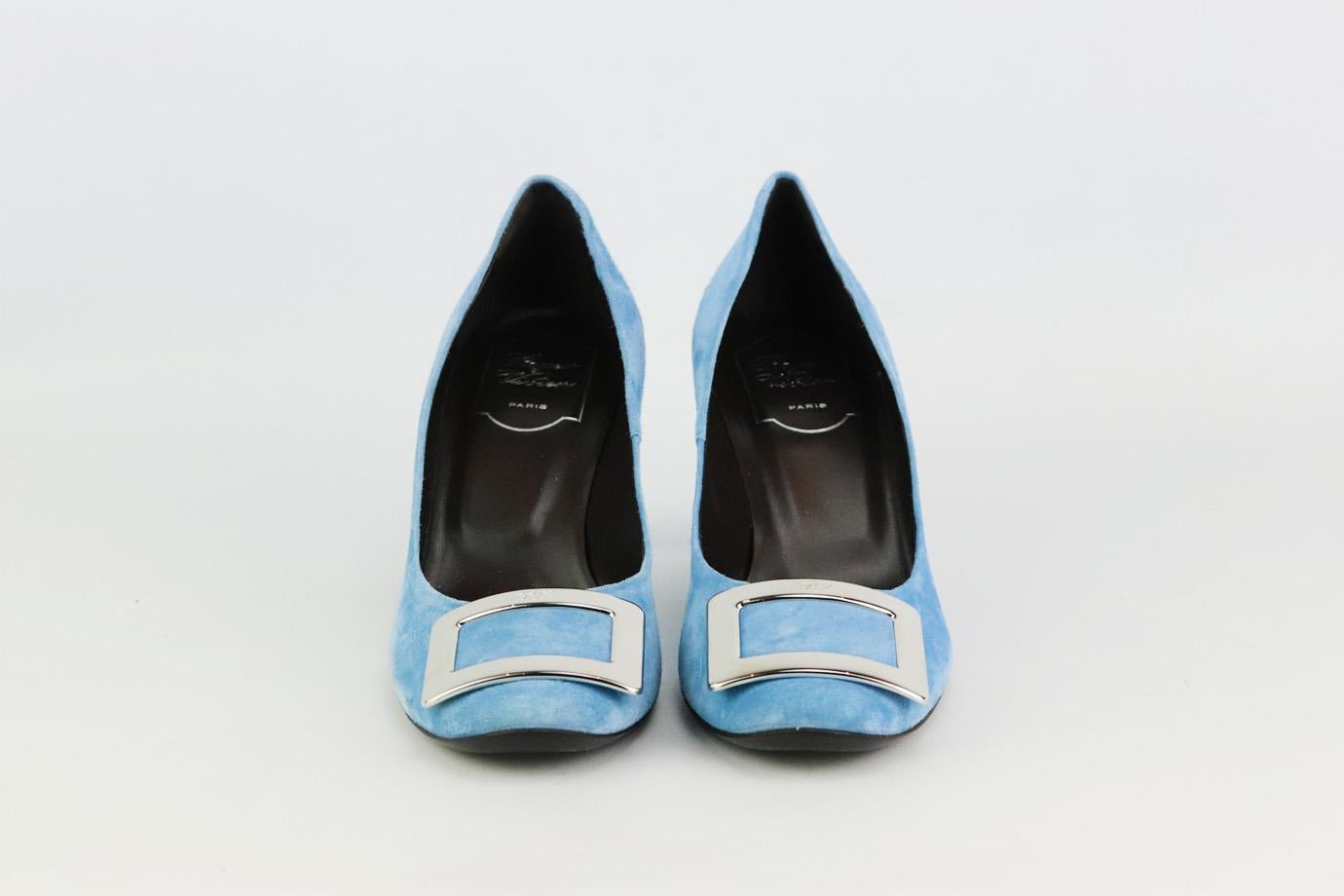 These pumps by Roger Vivier are an elegant re-creation of the founder's original 1965 design, they're made from light-blue suede and embellished with a silver-tone signature buckle that tops the rounded toe. Heel measures approximately 50 mm/ 2