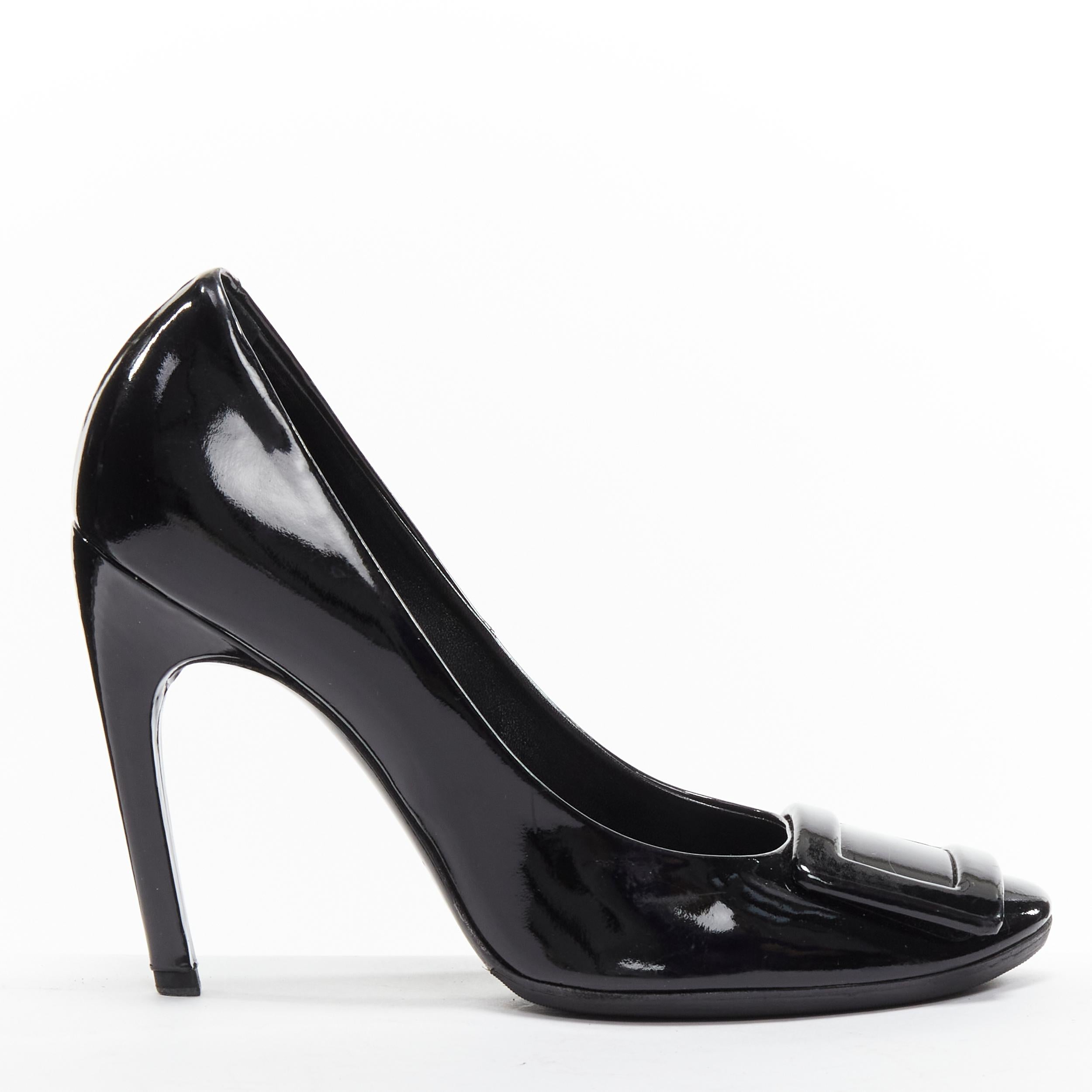 Black ROGER VIVIER Trompette black patent leather buckle curved heel pumps EU38 For Sale