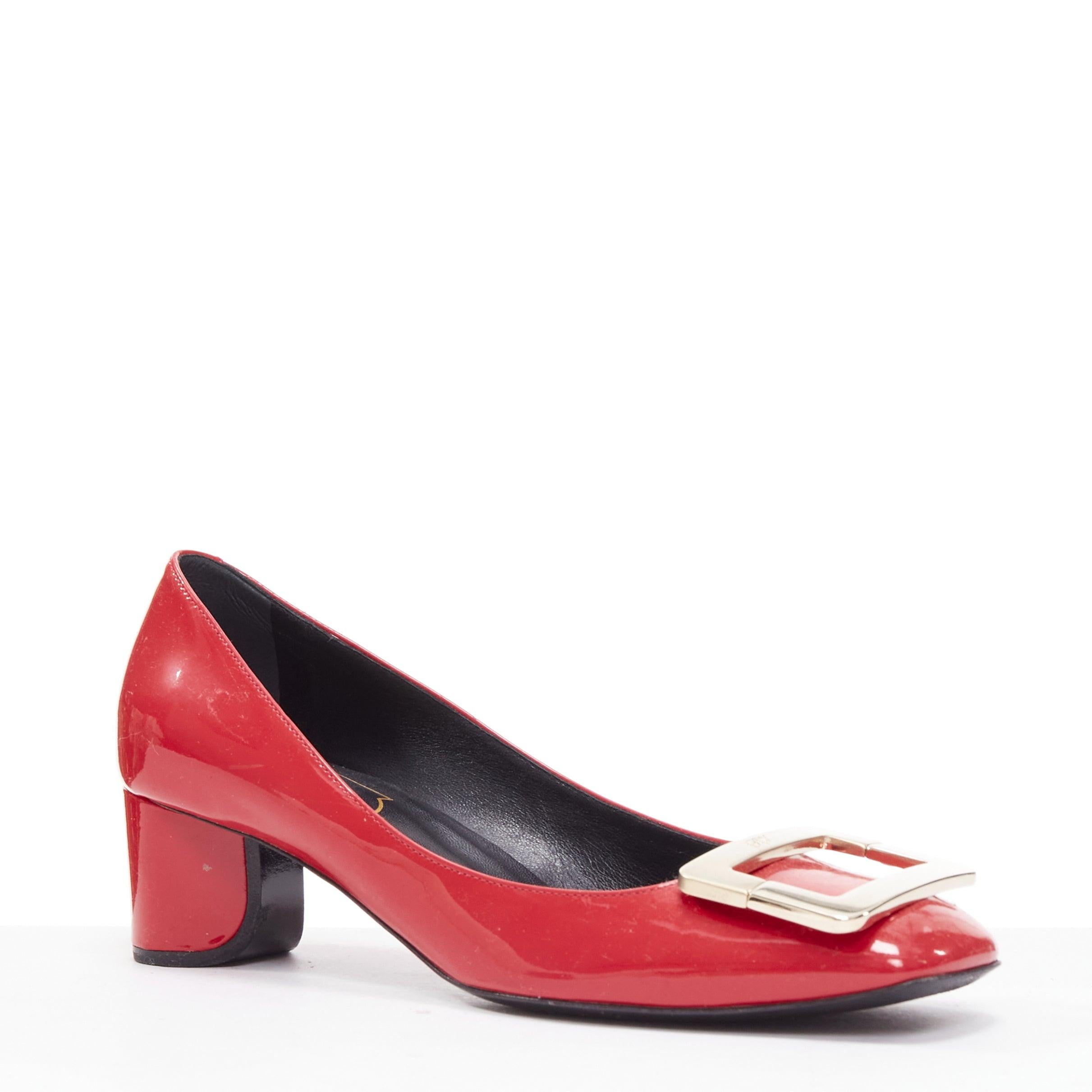 ROGER VIVIER Trompette raspberry red patent square buckle pumps EU 36
Reference: EALU/A00050
Brand: Roger Vivier
Model: Trompette
Material: Patent Leather, Metal
Color: Red, Gold
Pattern: Solid
Closure: Slip On
Lining: Black Leather
Extra Details: