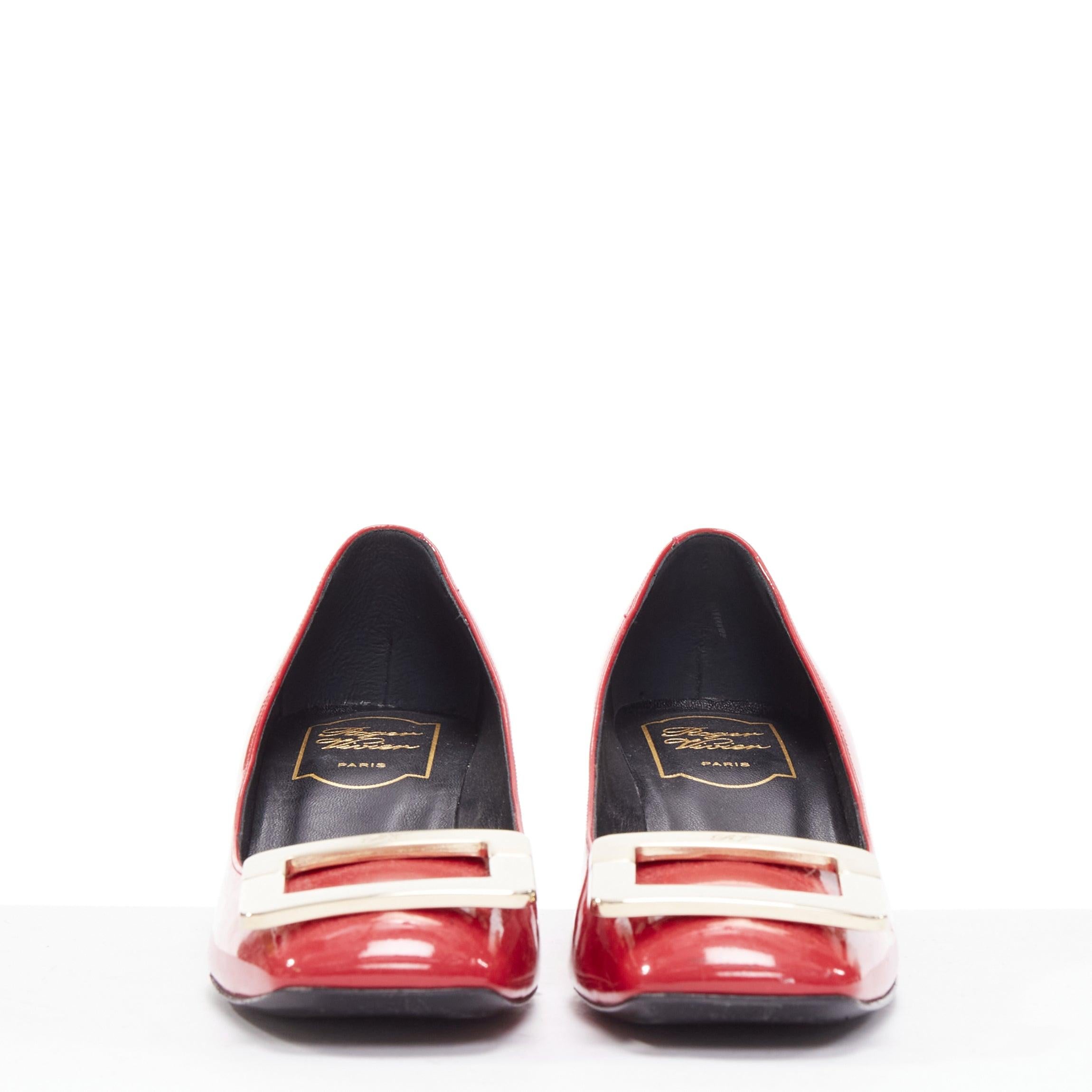 Red ROGER VIVIER Trompette raspberry red patent square buckle pumps EU 36