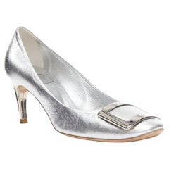 ROGER VIVIER Trompette RV logo square metal buckle silver leather pumps EU37.5