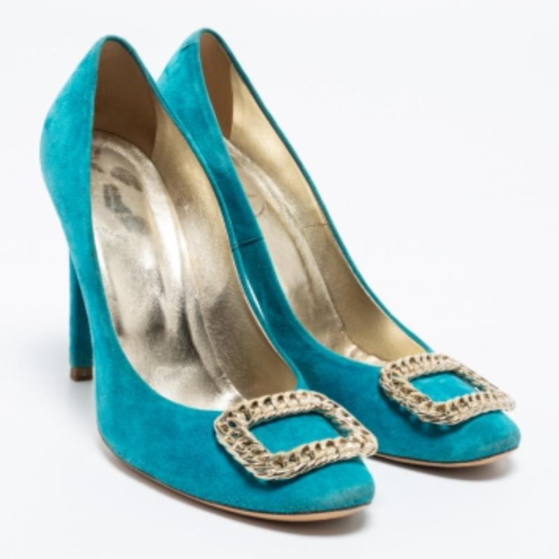 Roger Vivier Bombas de punta redonda con detalle de cadena de ante azul turquesa Talla 38.5 Azul en venta