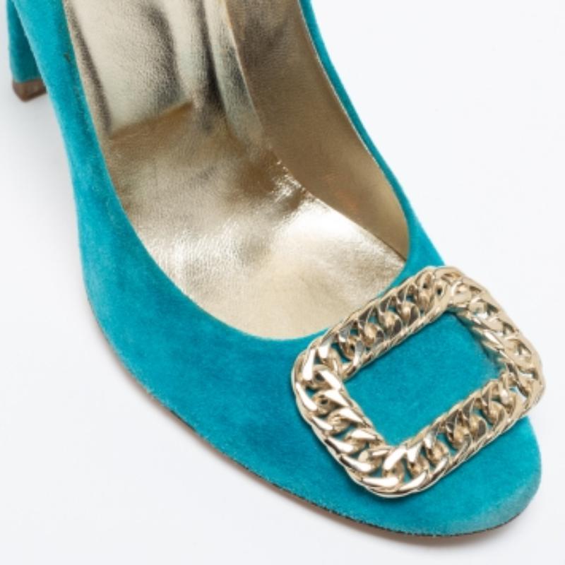 De las mujeres Roger Vivier Bombas de punta redonda con detalle de cadena de ante azul turquesa Talla 38.5 en venta
