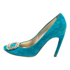 Roger Vivier Turquoise Blue Suede Chain Detail Round Toe Pumps Size 38.5