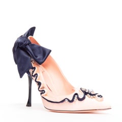 ROGER VIVIER Viv Couture pink navy pearl crystal ribbon heel pump EU40