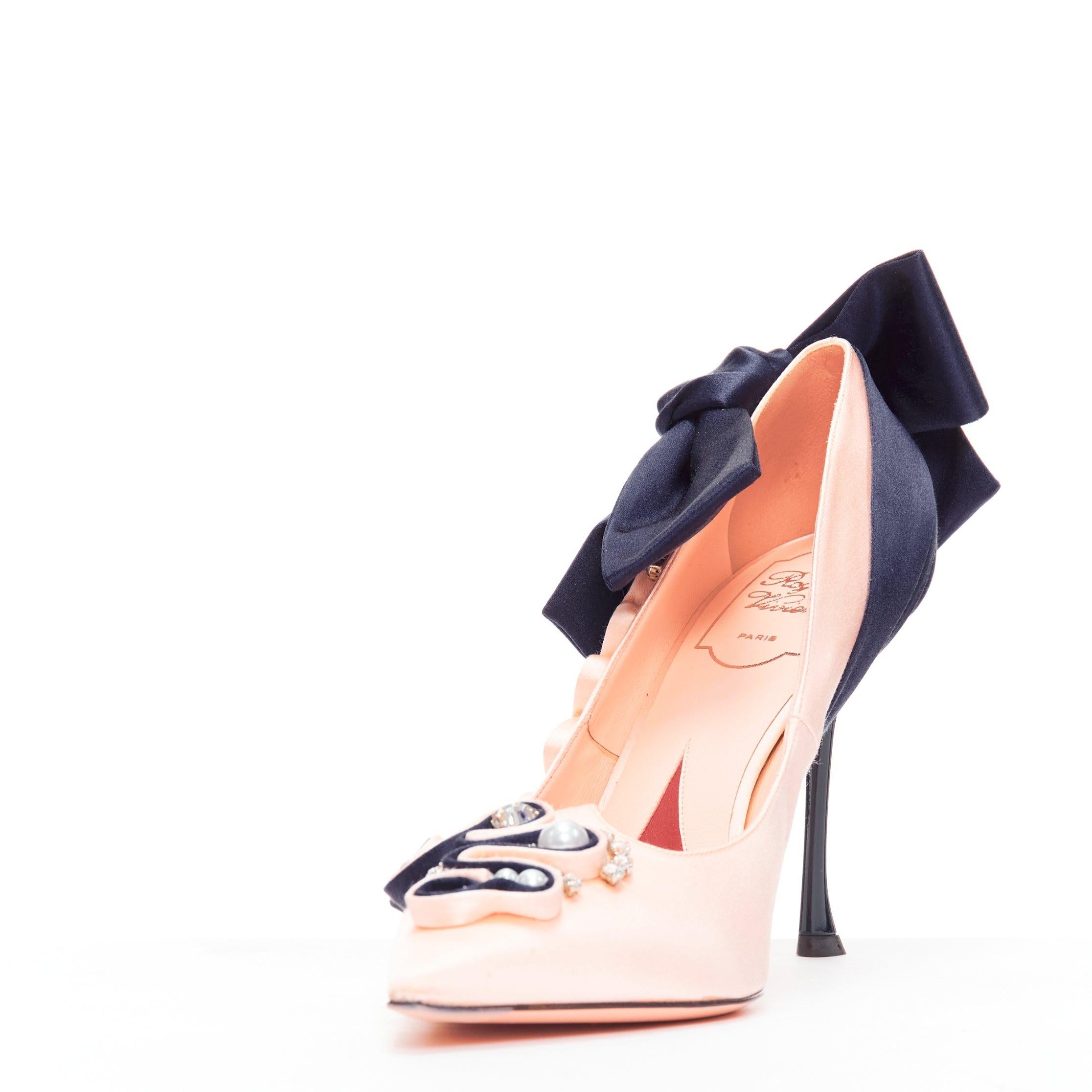 ROGER VIVIER Viv Couture pink navy pearl crystal ribbon heel pump EU40 In Excellent Condition In Hong Kong, NT