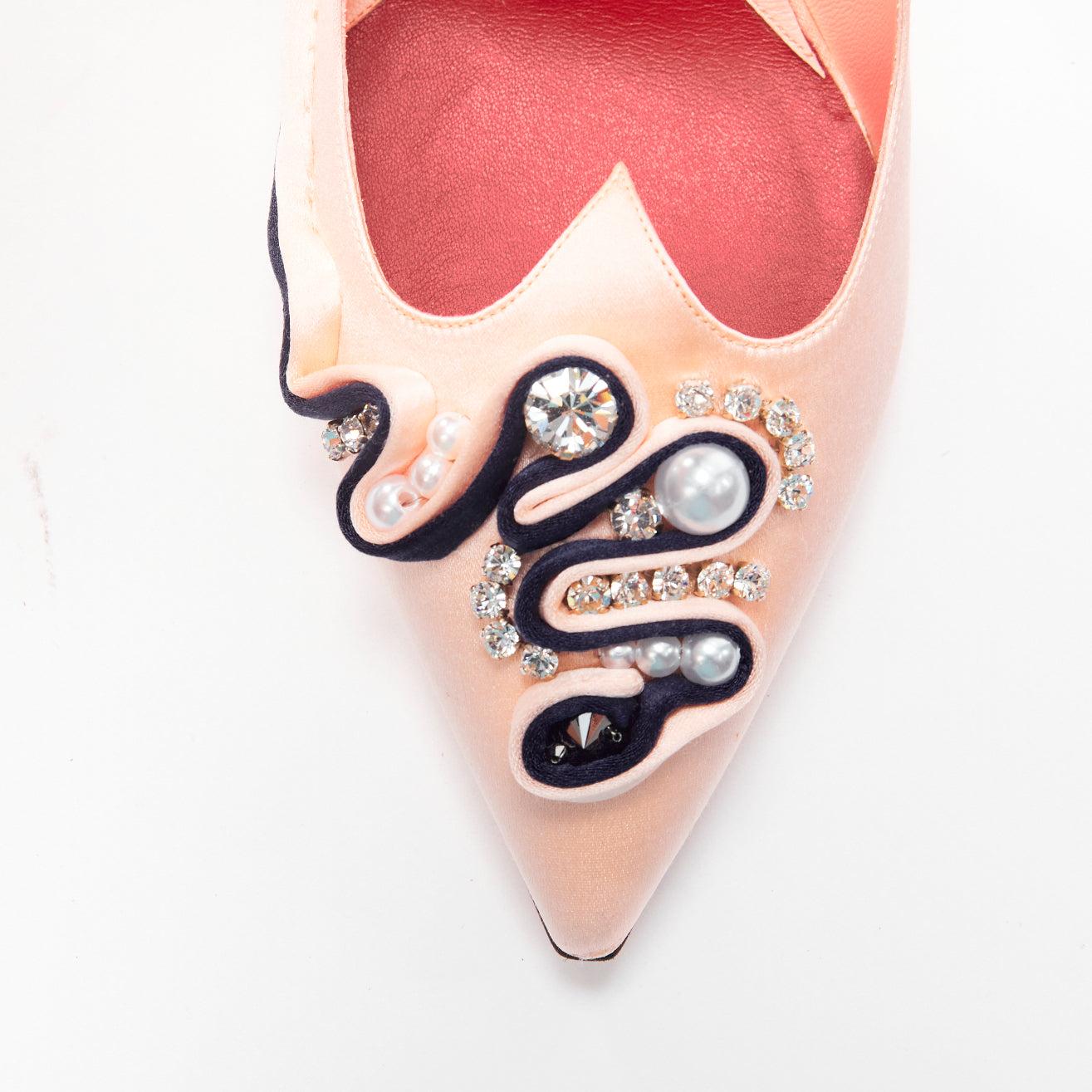 ROGER VIVIER Viv Couture pink navy pearl crystal ribbon heel pump EU40 For Sale 2